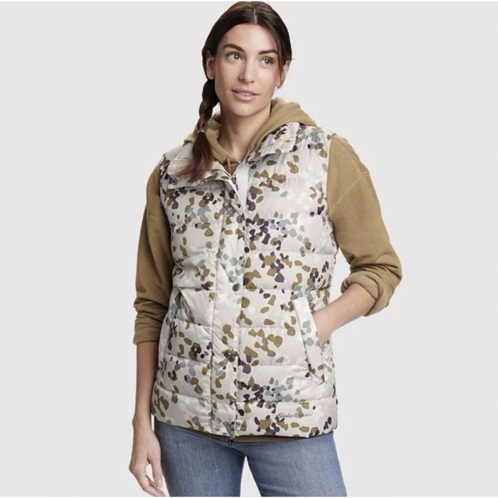 Eddie Bauer Down Puffer Vest Women’s 2XL Stratus Therm Print Zip Outdoor Ecru - Picture 1 of 9